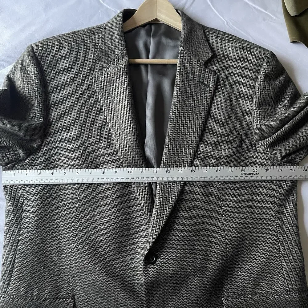 Burberry London Blazer Mens 46 Long Grey Herringbone 100% Wool Kensington Jacket